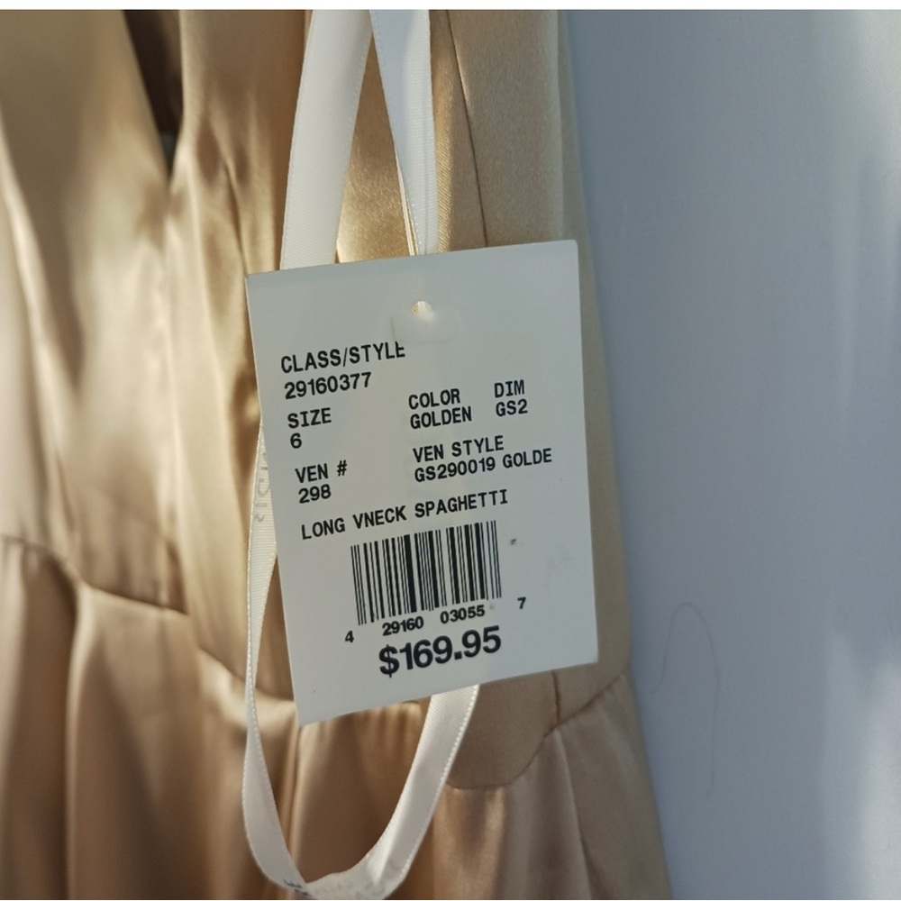 David's Bridal GOLDEN SATIN V-Neck Spaghetti Strap Formal Gown Event Maxi Dress - Picture 5 of 12